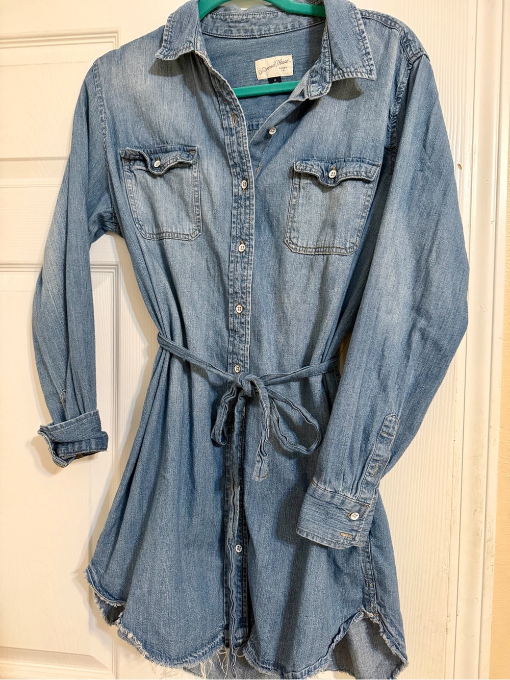 Universal Thread Light Blue Denim Shirt Dress with Tie Waist